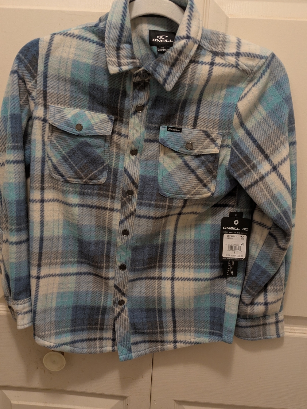 Brand New O'Neill Boys Light Blue and Gray Plaid Button-Front Shirt